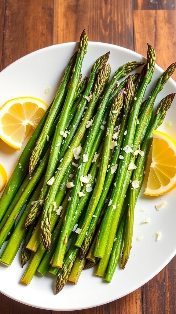 Oven-Roasted Asparagus Recipe Oven-roasted asparagus on a white plate, garnished with garlic and Parmesan cheese, with a lemon wedge.